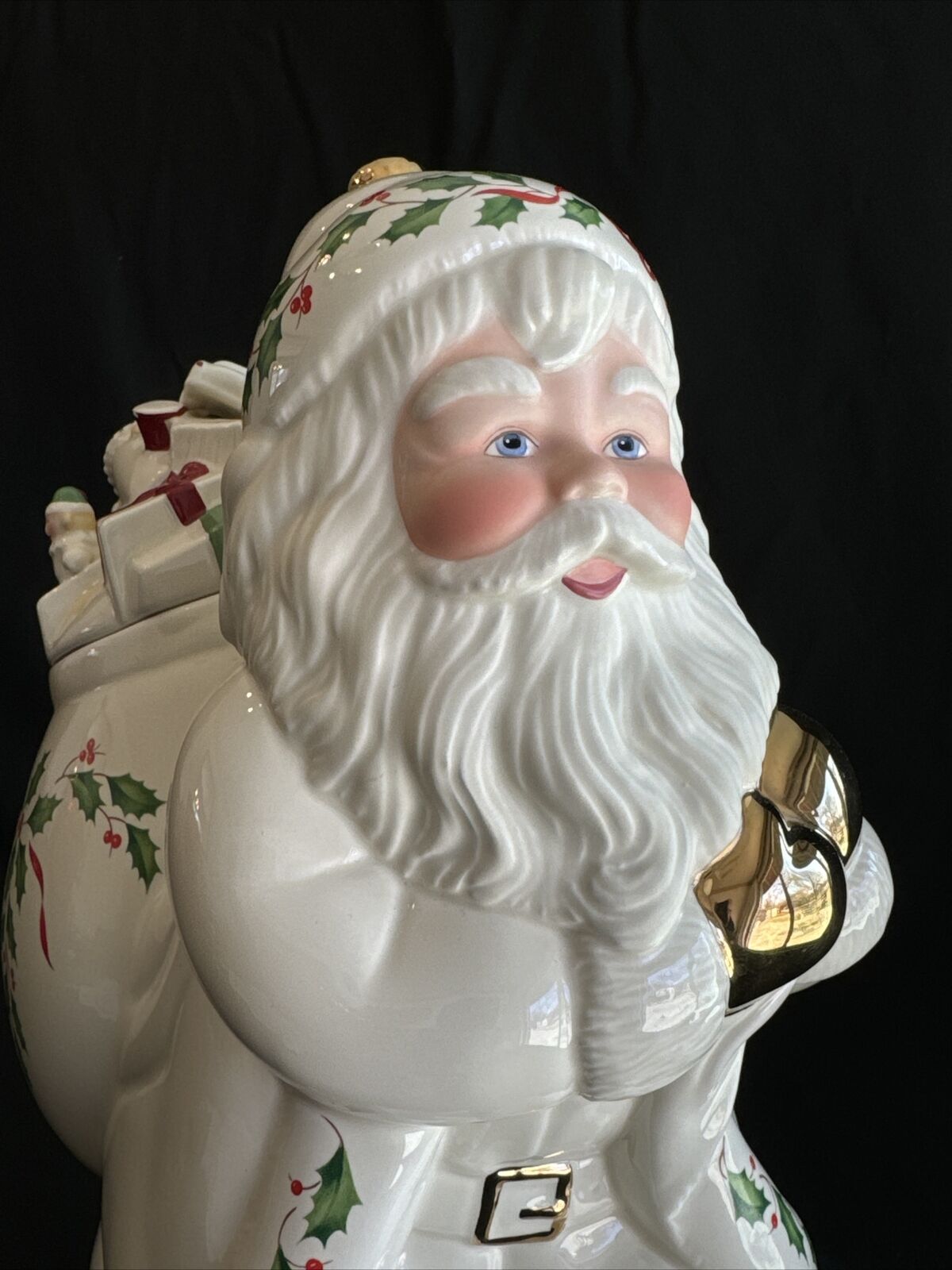 LENOX 13" Holiday Santa w/Toy Sack Cookie Jar Ivory/Holly Christmas Décor in box