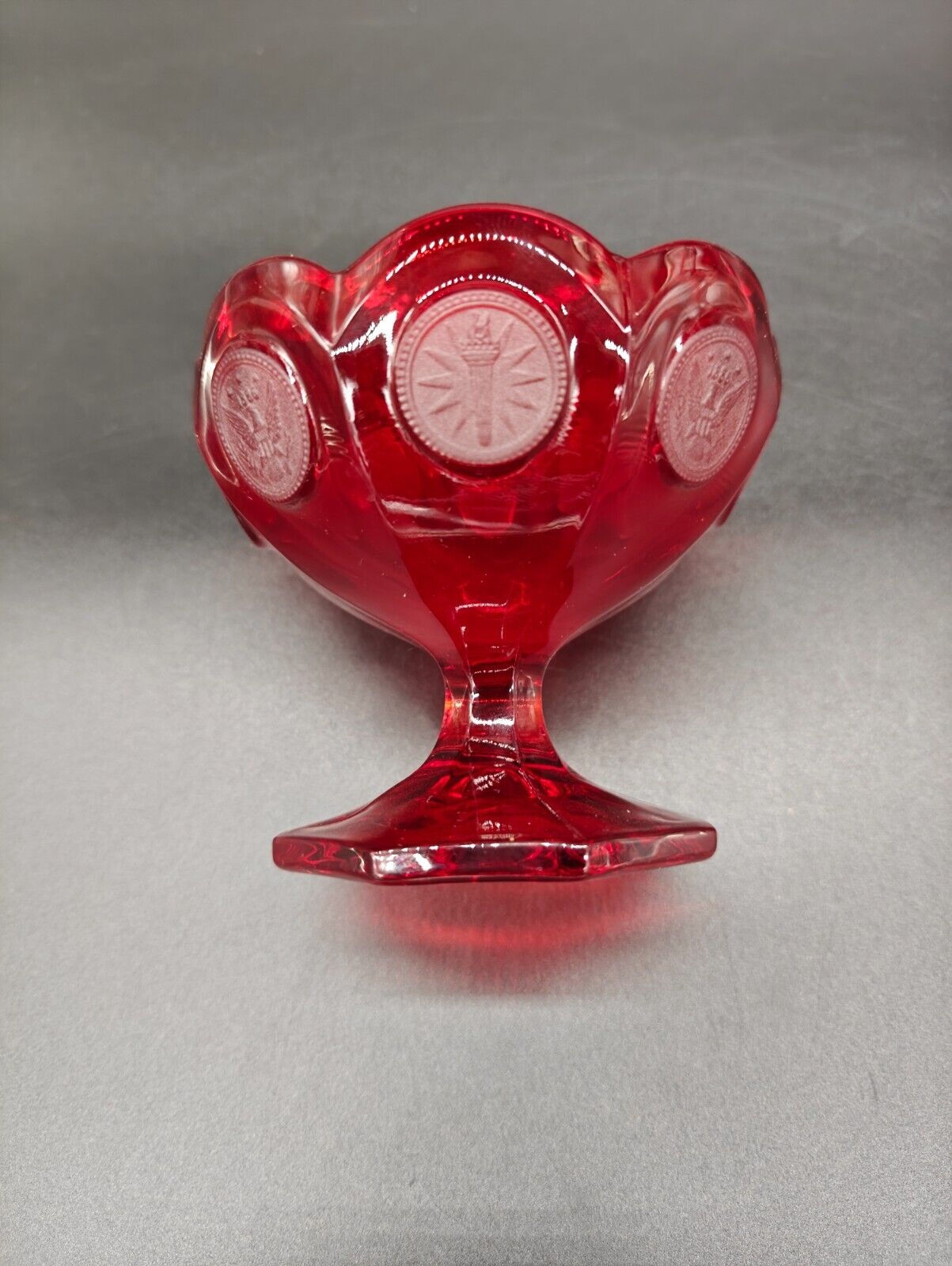 Vintage Fostoria Ruby Red Coin (Eagle/Torch) Glass Compote/Open Candy Dish