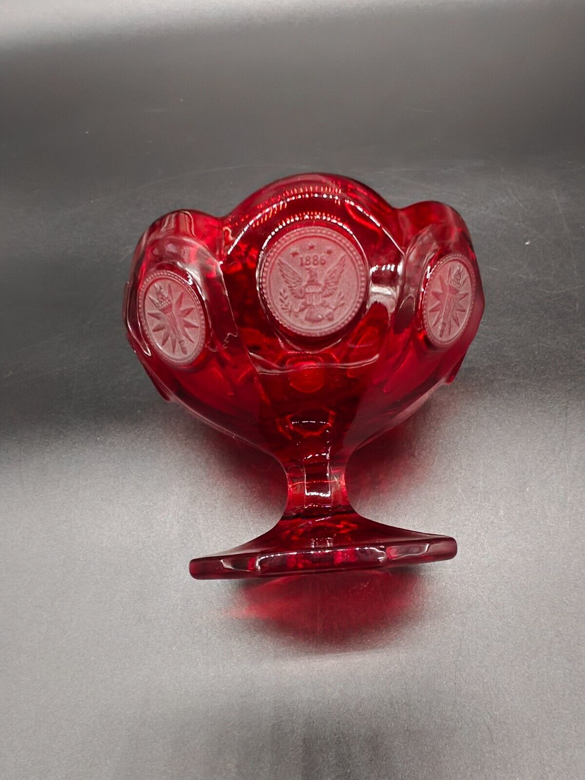 Vintage Fostoria Ruby Red Coin (Eagle/Torch) Glass Compote/Open Candy Dish