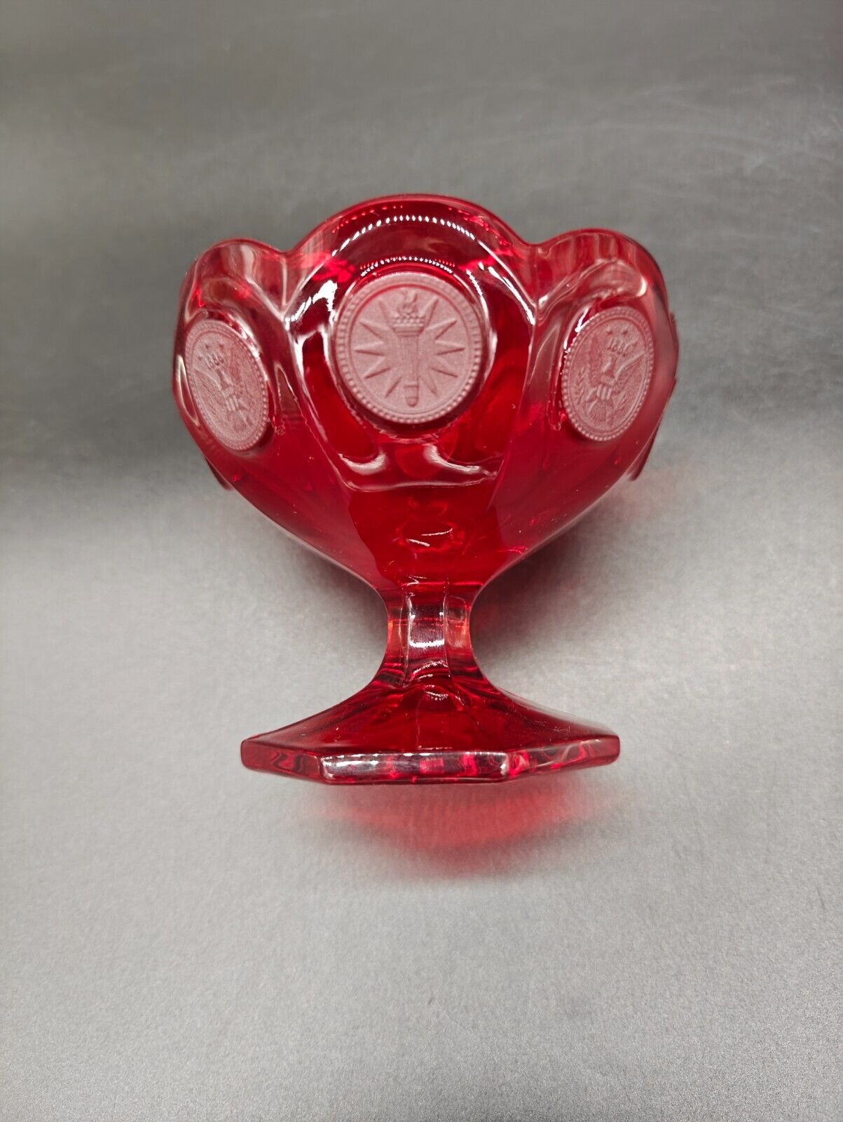 Vintage Fostoria Ruby Red Coin (Eagle/Torch) Glass Compote/Open Candy Dish