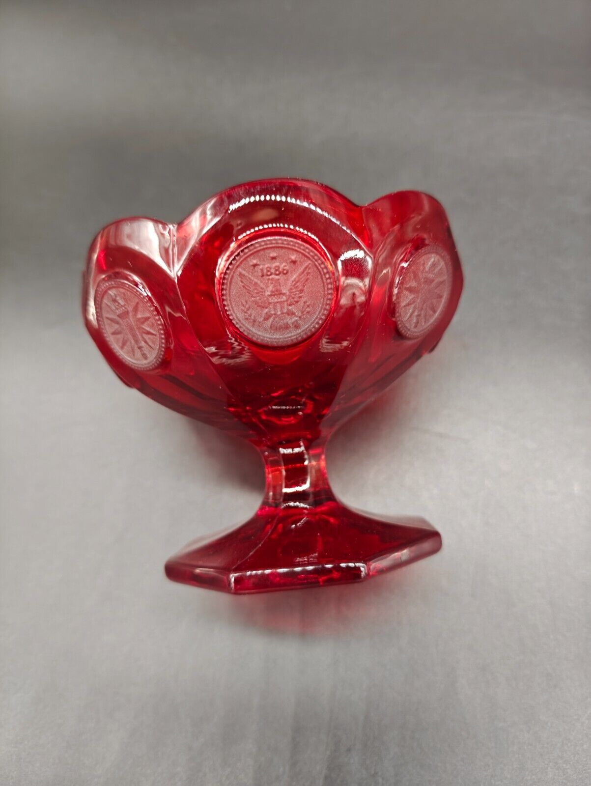 Vintage Fostoria Ruby Red Coin (Eagle/Torch) Glass Compote/Open Candy Dish