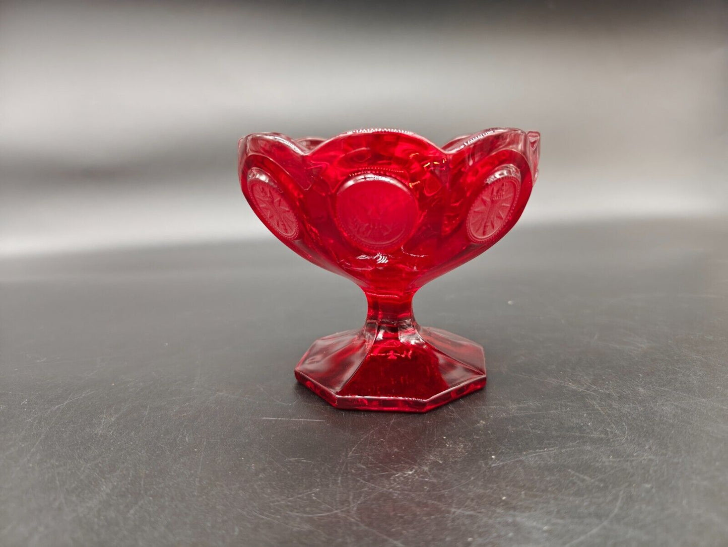 Vintage Fostoria Ruby Red Coin (Eagle/Torch) Glass Compote/Open Candy Dish