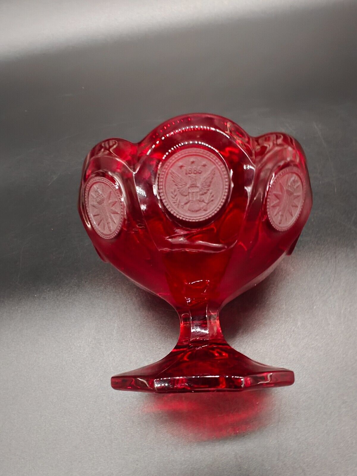 Vintage Fostoria Ruby Red Coin (Eagle/Torch) Glass Compote/Open Candy Dish