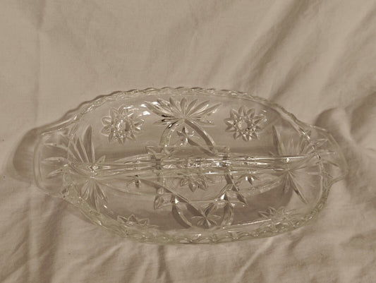 Anchor Hocking Oval Divided Cut Glass Relish Dish w/Handles Stars & Bars Clear