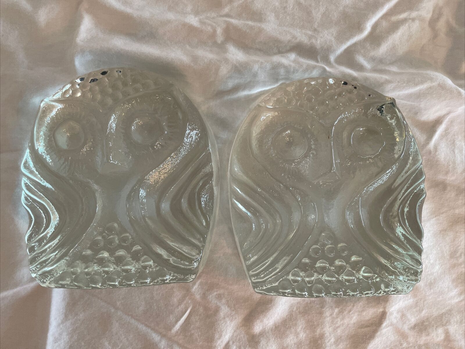 Pair of Vintage Owl Bookends Pilgrim Handblown Clear Art Glass MCM