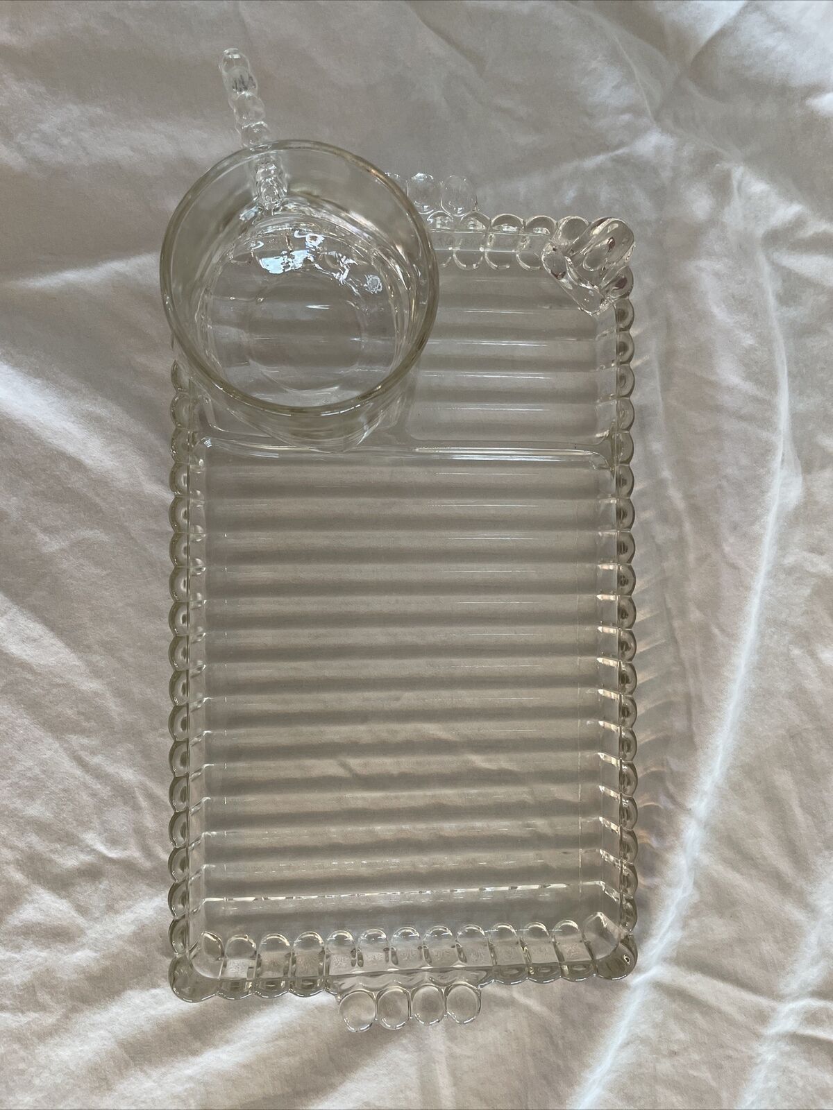 Vintage 1930s Hazel Atlas Snack, Sip & Smoke Clear Glass Tray with Cup