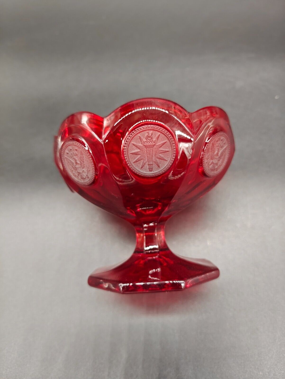 Vintage Fostoria Ruby Red Coin (Eagle/Torch) Glass Compote/Open Candy Dish