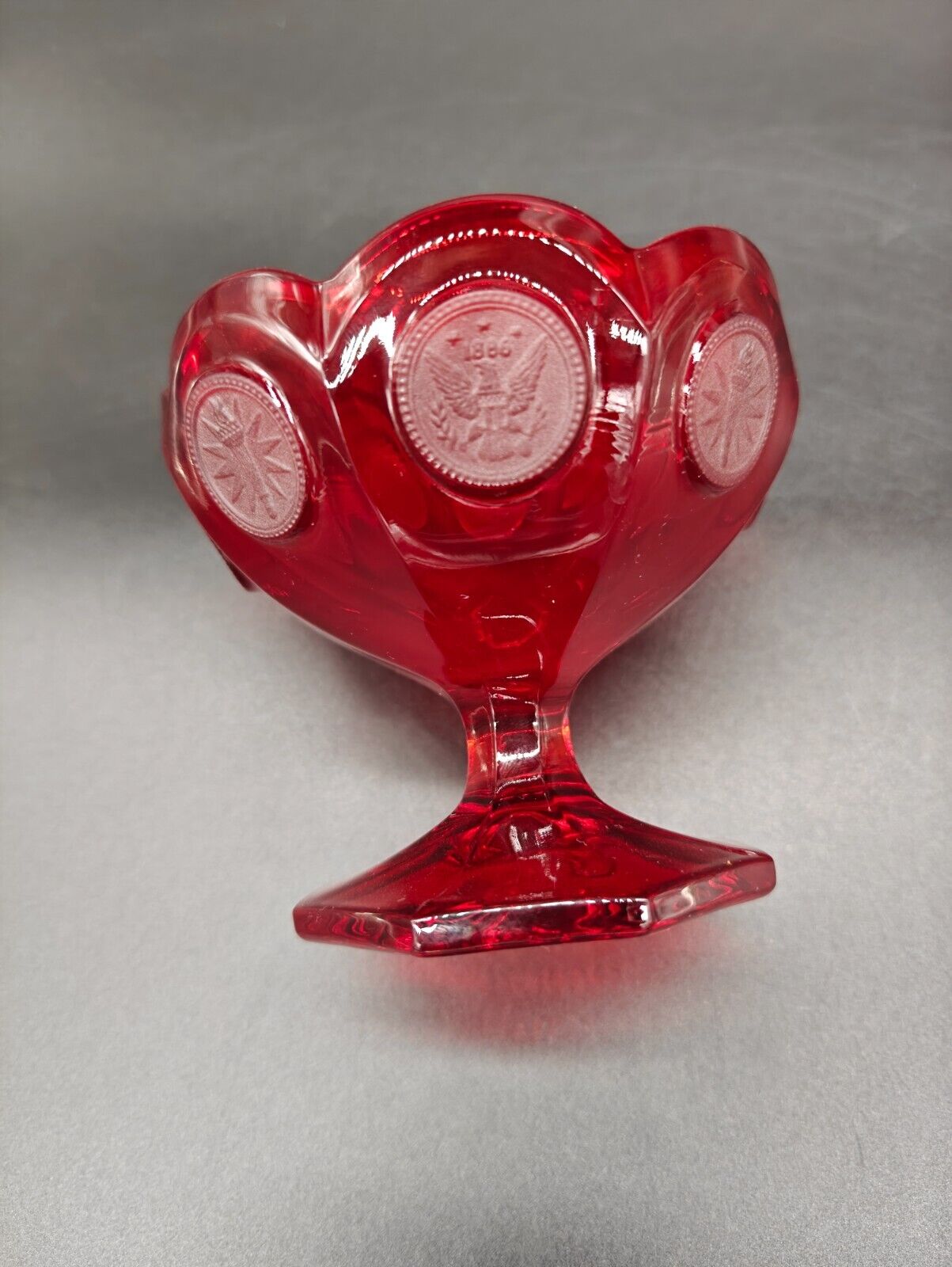 Vintage Fostoria Ruby Red Coin (Eagle/Torch) Glass Compote/Open Candy Dish