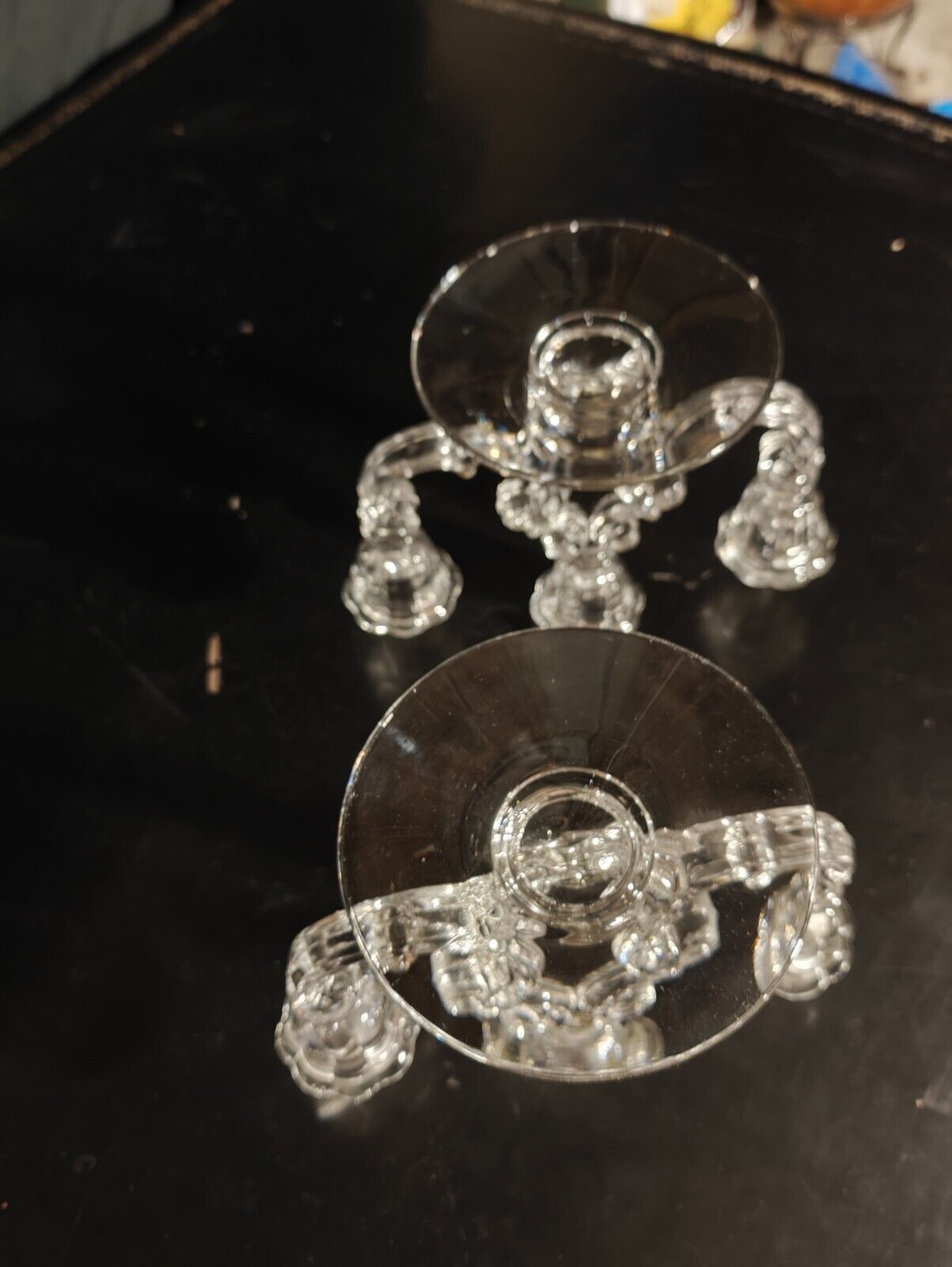 Pair of Vintage Crystal Clear Glass Candelabra, Cambridge Double Light Branched