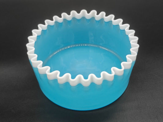 Vintage Hobbs Brockunier 205 Blue Glass Bowl with white ruffled edge