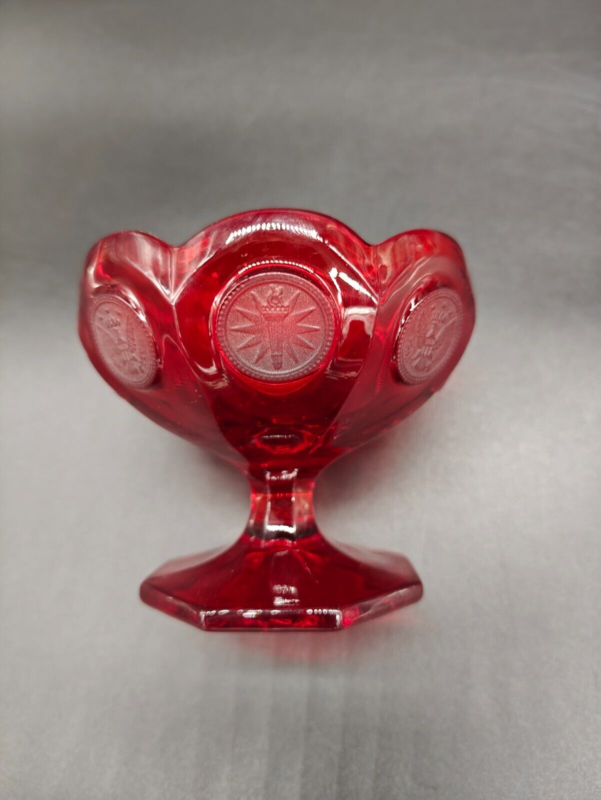 Vintage Fostoria Ruby Red Coin (Eagle/Torch) Glass Compote/Open Candy Dish