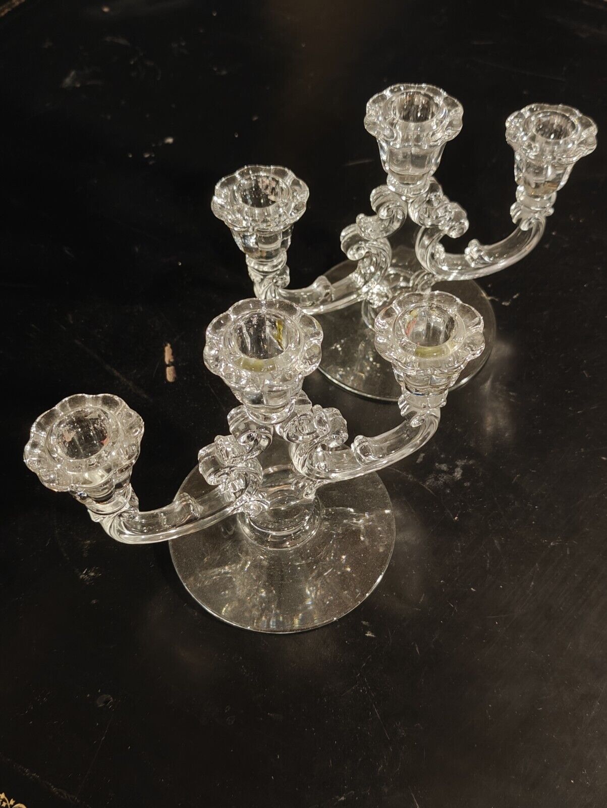 Pair of Vintage Crystal Clear Glass Candelabra, Cambridge Double Light Branched
