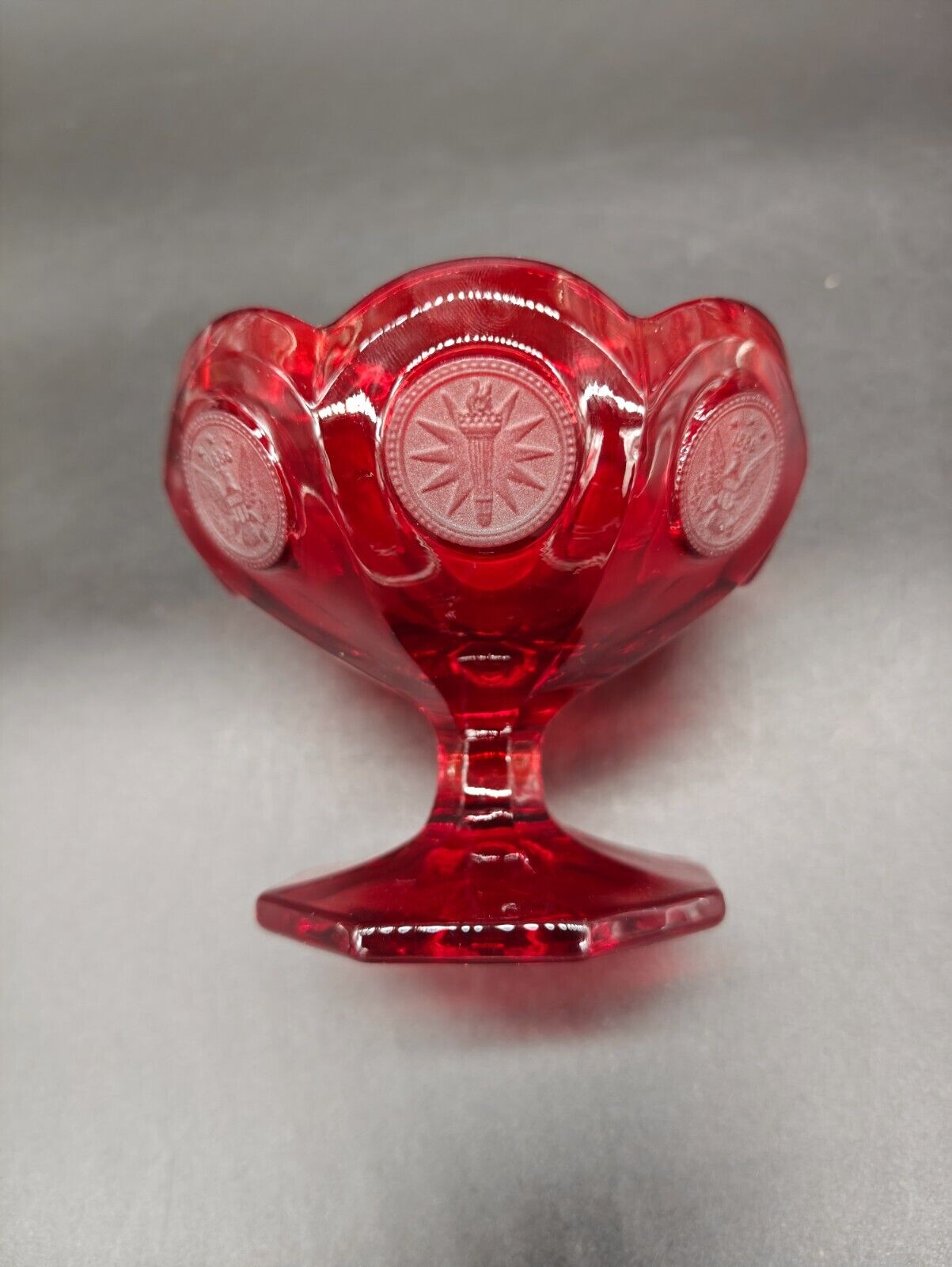 Vintage Fostoria Ruby Red Coin (Eagle/Torch) Glass Compote/Open Candy Dish