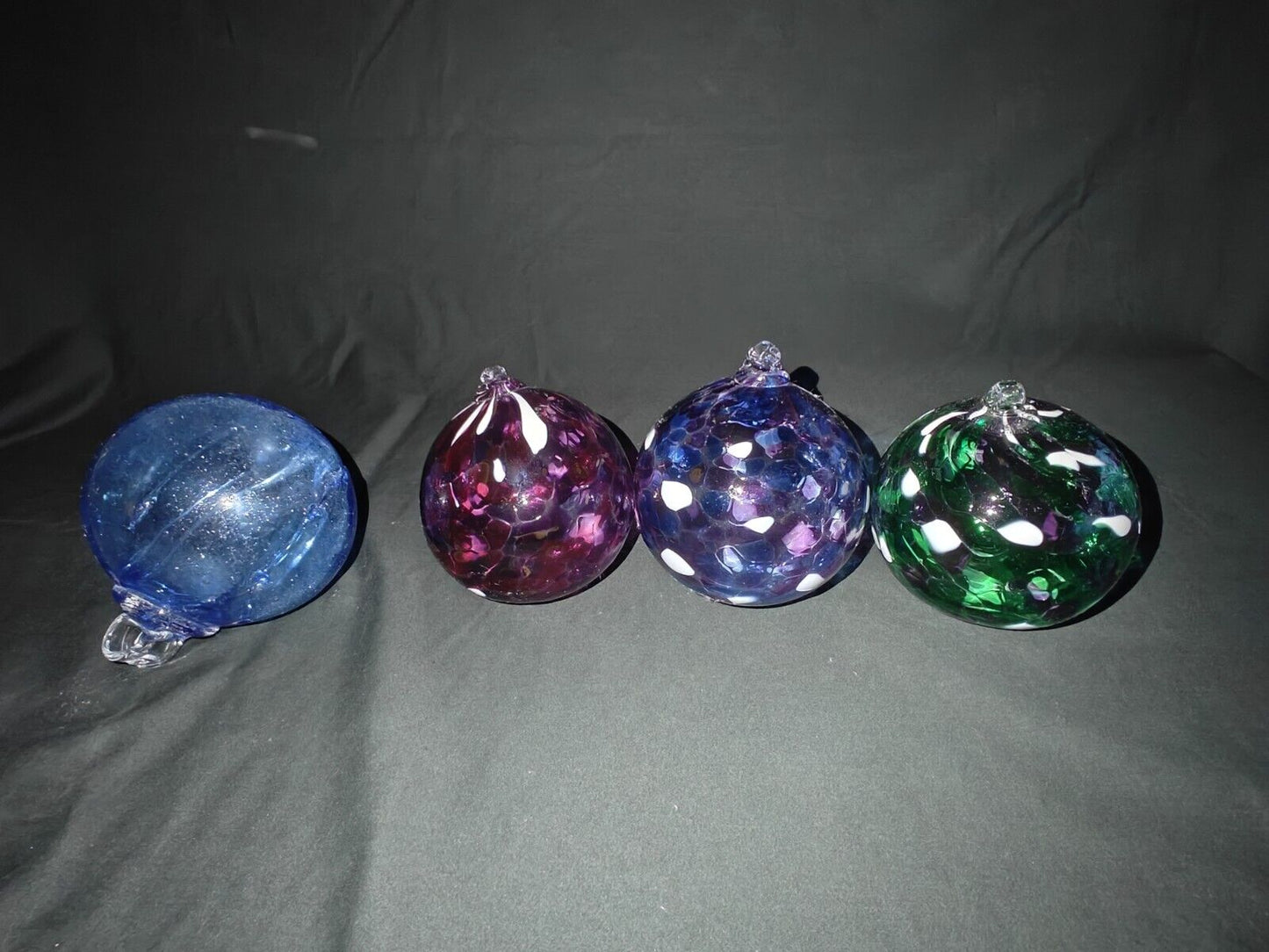 Hand Blown Glass Ornaments Balls Blue, Green, Purple, Red with White