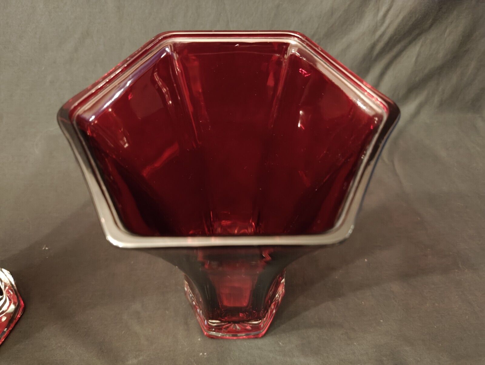 Two Cranberry Glass Ruby Red 9” Tall Hexagonal Vase Six Sided