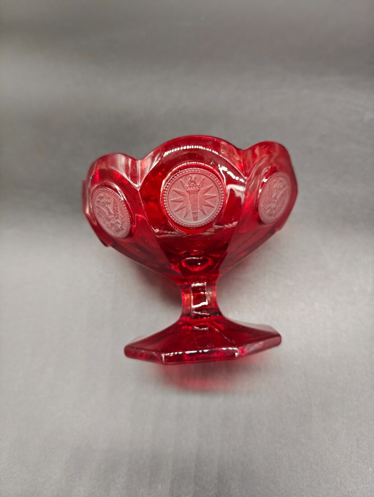 Vintage Fostoria Ruby Red Coin (Eagle/Torch) Glass Compote/Open Candy Dish