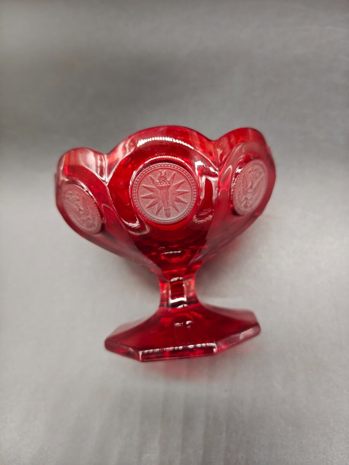 Vintage Fostoria Ruby Red Coin (Eagle/Torch) Glass Compote/Open Candy Dish