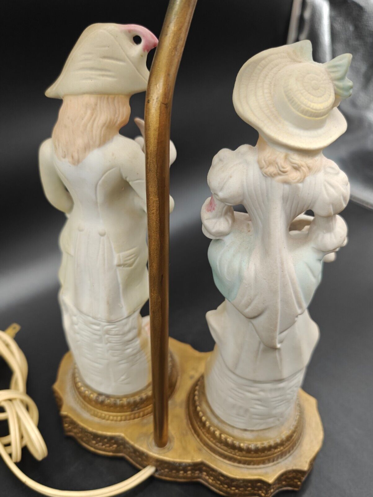 Antique French Provincial Bisque Porcelain Figurine Couple on Table Lamp