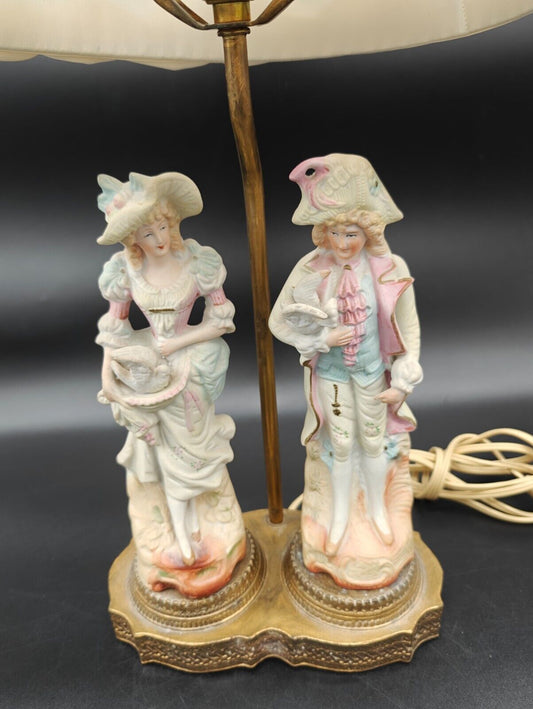 Antique French Provincial Bisque Porcelain Figurine Couple on Table Lamp