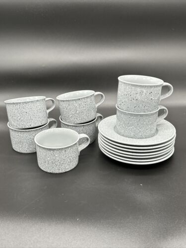 Mikasa Ultrastone Gray Cup and Saucer Set of 7 Grey Speckled Pattern Japan