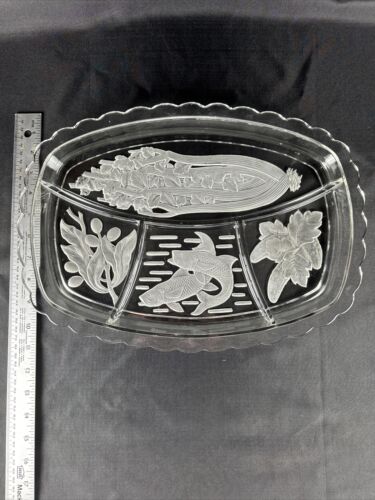 Vintage Tiara Glass Large Rectangular 4-Part Divided Relish Dish Etched/Frost