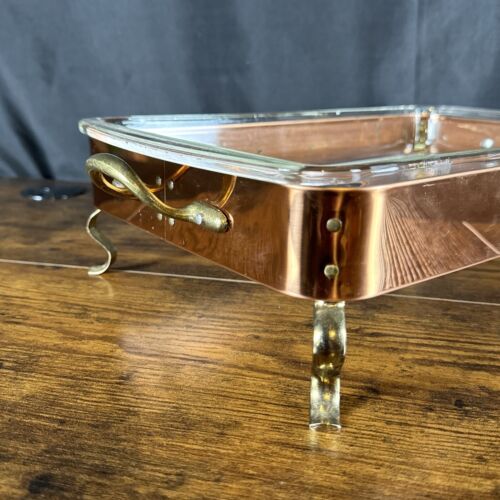 Pyrex Glass Rectangle Serving Dish/Copper & Brass Footed Stand De La Cuisine